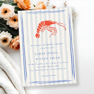 Retro Striped Red Blue Lobster Coastal Vow Renewal Invitation