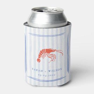 Retro Striped Red Blue Lobster Coastal Wedding Can Cooler