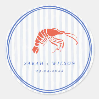 Retro Striped Red Blue Lobster Coastal Wedding Classic Round Sticker