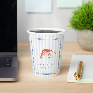 Retro Striped Red Blue Lobster Coastal Wedding Paper Cups