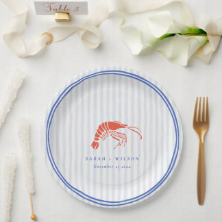Retro Striped Red Blue Lobster Coastal Wedding Paper Plate