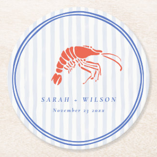 Retro Striped Red Blue Lobster Coastal Wedding Round Paper Coaster