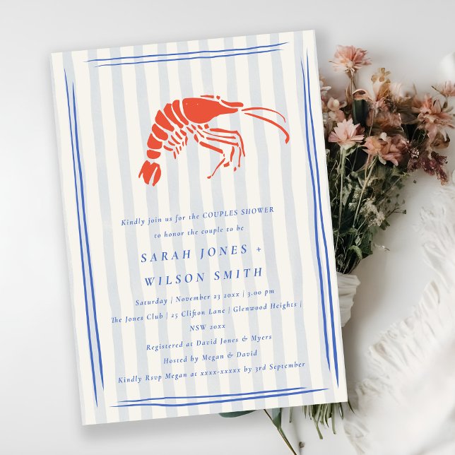 Retro Striped Red Blue Lobster Couples Shower Invitation (Creator Uploaded)