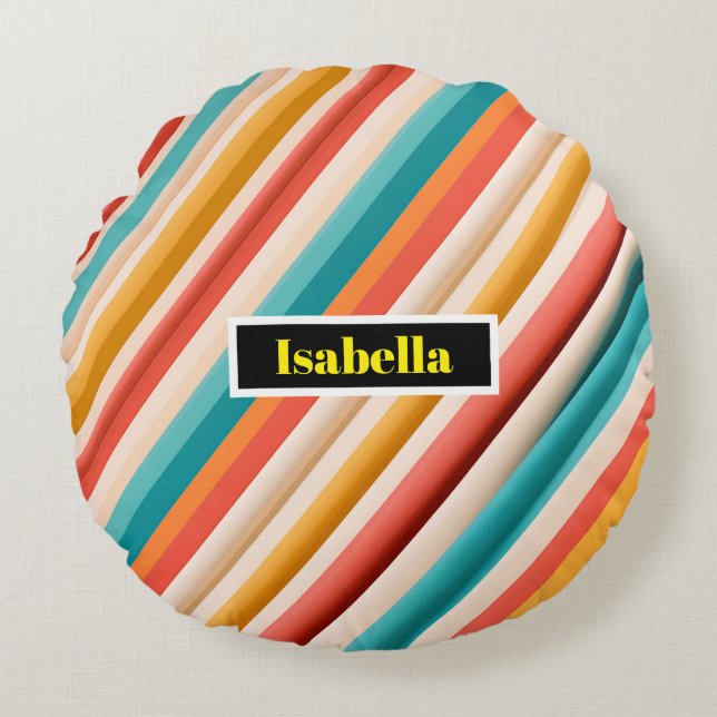 Retro Striped Round Pillow | Colourful Geometric (Front)