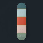 Retro striped    skateboard<br><div class="desc">Retro inspired vertical striped design in tones of teal and sage with orange,  soft pink and gold. Fully customisable with your name,  initials or monogram.</div>