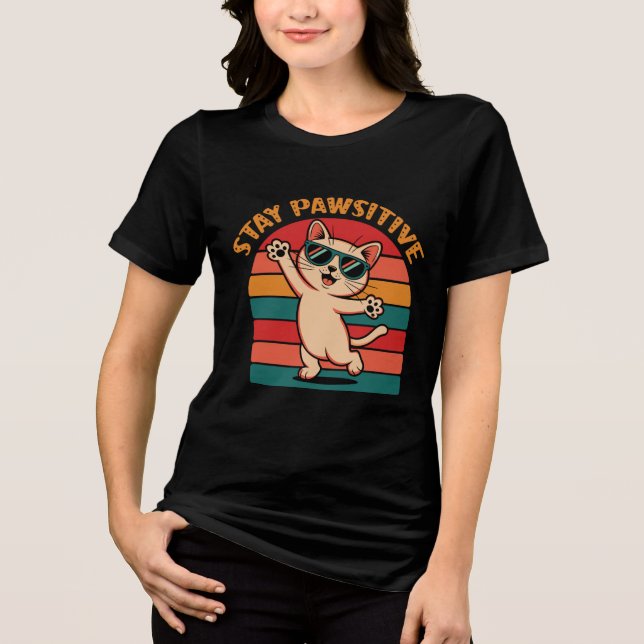 Retro Striped Stay Pawsitive Cat Design Tri-Blend Shirt (Front)
