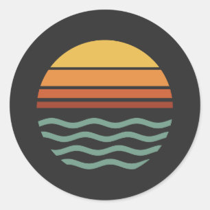 Retro Striped Sunset Over Waves Classic Round Sticker