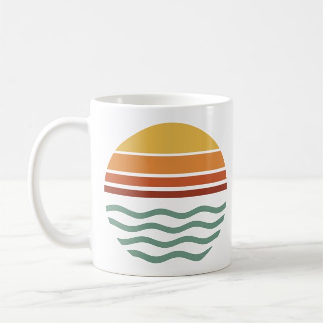 Retro Striped Sunset Over Waves Coffee Mug (Left)
