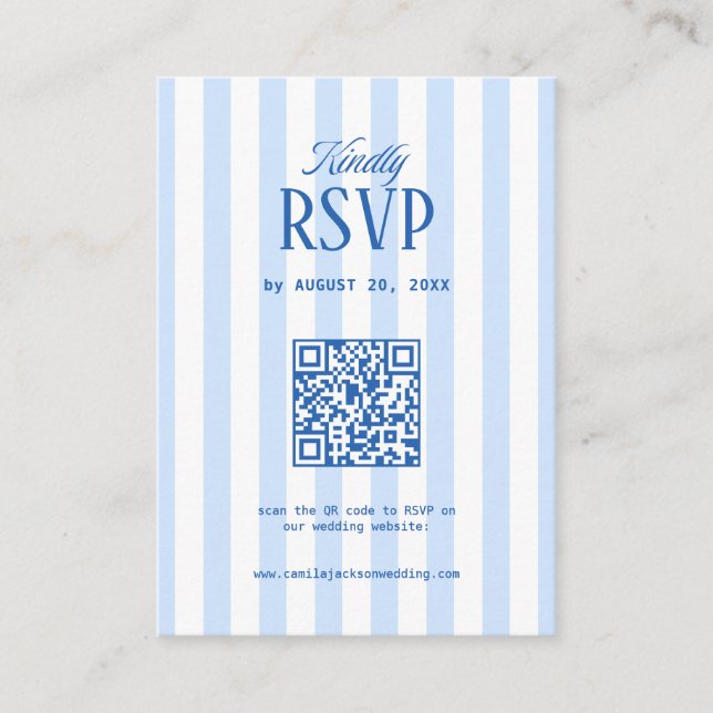 Retro Striped White & Blue Wedding RSVP Qr Code Enclosure Card (Front)