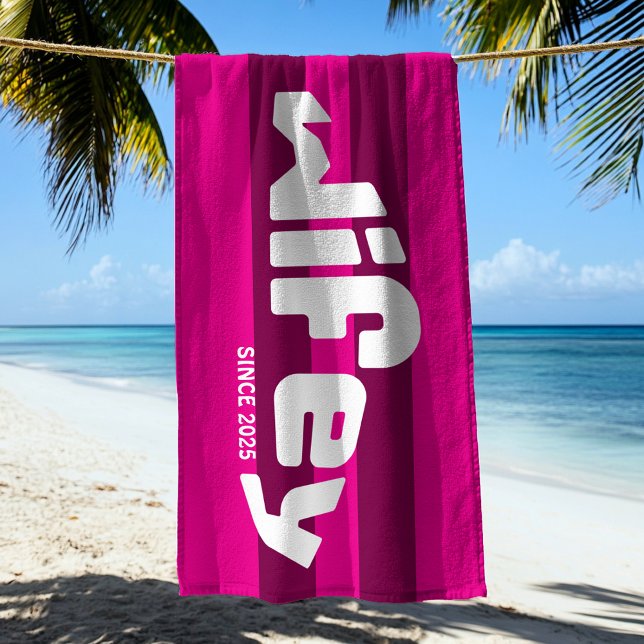 Retro Striped Wifey Newlywed Bride Hot Pink Beach Towel (Creator Uploaded)
