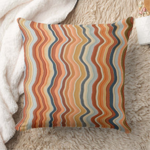 Retro stripes 70s waves boho colourful orange blue cushion