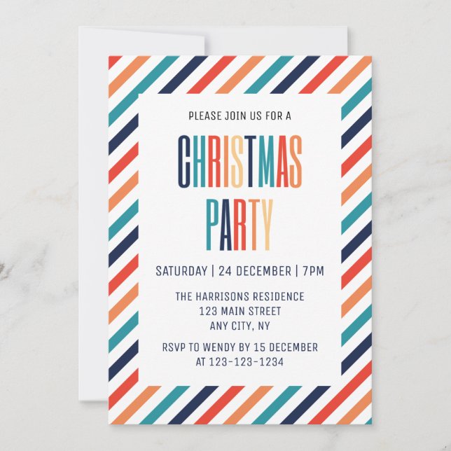 Retro Stripes Abstract Colourful Lines Christmas  Invitation (Front)