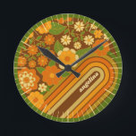 Retro Stripes and Funky Flowers with Custom Name Round Clock<br><div class="desc">A fun design with funky flowers and a retro stripe background. A throwback design with avocado green,  brown and orange shades.</div>