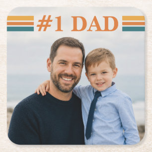 Retro Stripes Best Dad Ever Personalised Photo Square Paper Coaster
