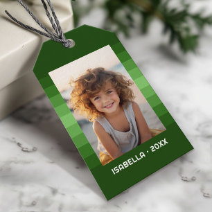 Retro Stripes - Christmas Green - Simple Photo Gift Tags