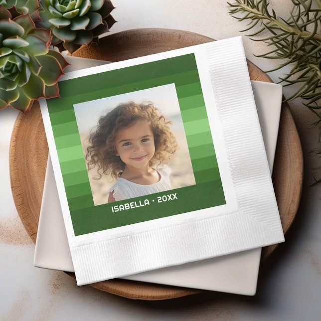 Retro Stripes - Christmas Green - Simple Photo Napkin (Custom Party Napkin with Photo)