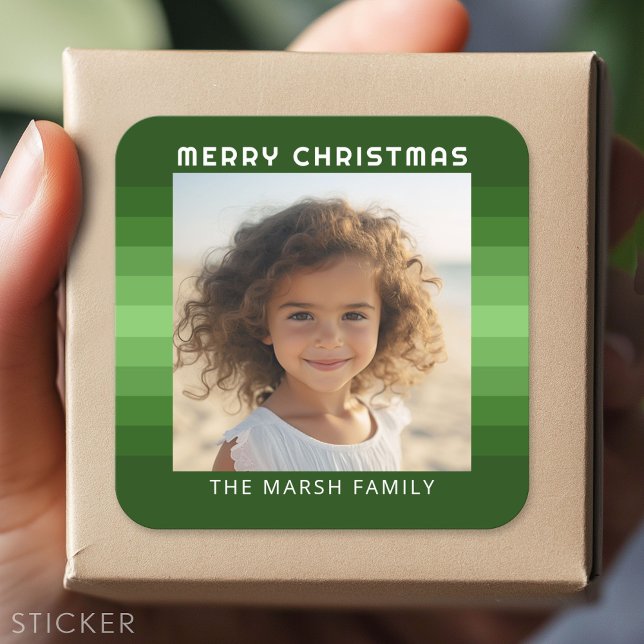 Retro Stripes - Christmas Green - Simple Photo Square Sticker (Custom Sticker - Personalize with your info for a party favor or gift)