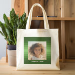 Retro Stripes - Christmas Green - Simple Photo Tote Bag<br><div class="desc">Shades of green stripe pattern with a simple text area for a name and date. Add your favourite selfie or family snapshot. Use a photo to create this unique and personal photo gift. The background includes a retro stripe pattern with a clean, modern update. If you need to adjust the...</div>