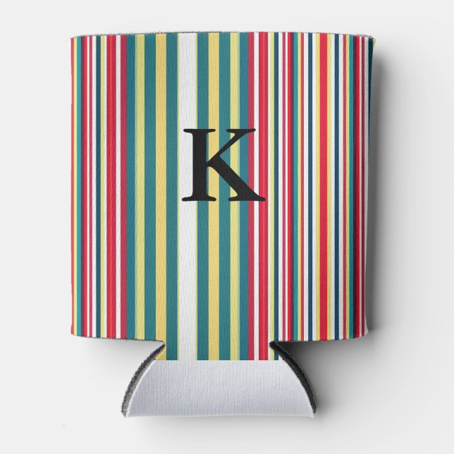 Retro stripes colourful add monogram initial lette can cooler (Front)