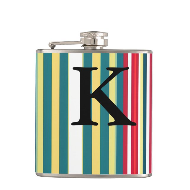 Retro stripes colourful add monogram initial lette hip flask (Front)