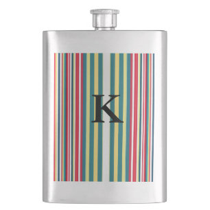 Retro stripes colourful add monogram initial lette hip flask