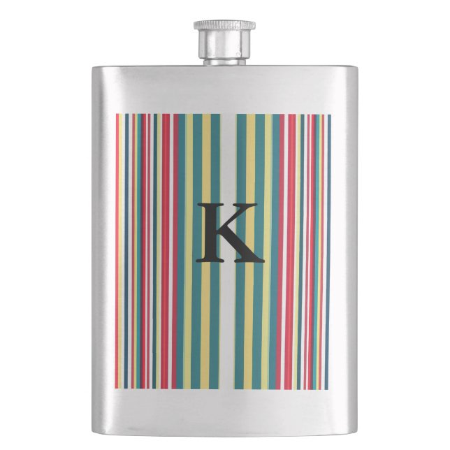 Retro stripes colourful add monogram initial lette hip flask (Front)