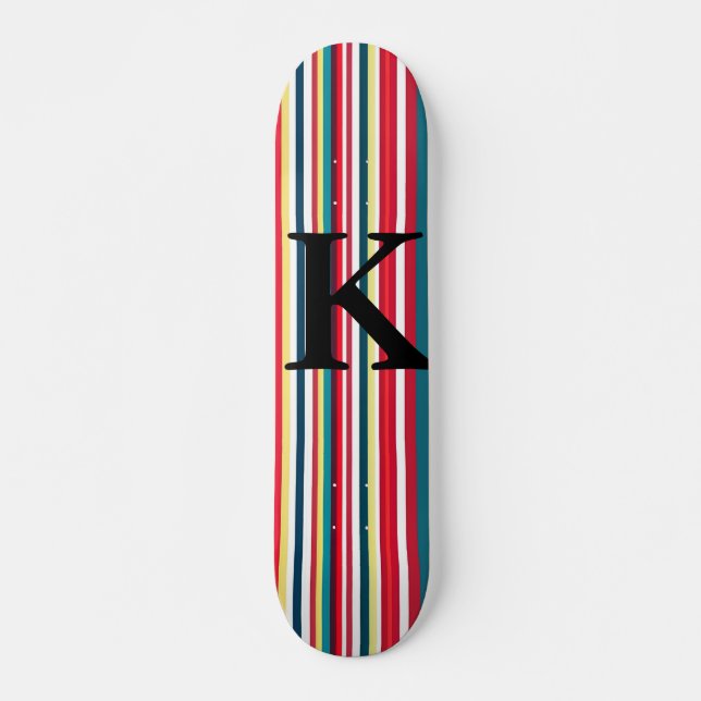 Retro stripes colourful add monogram initial lette skateboard (Front)