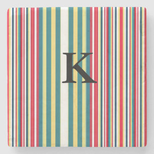 Retro stripes colourful add monogram initial lette stone coaster