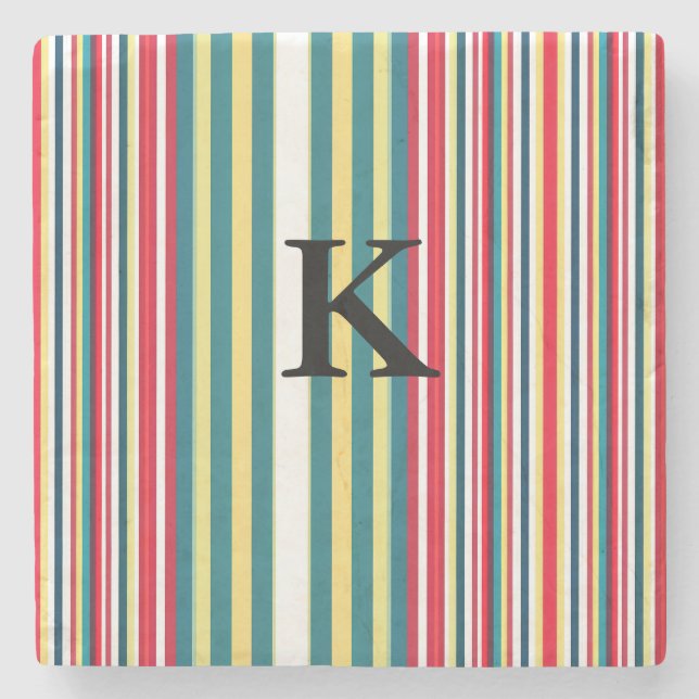 Retro stripes colourful add monogram initial lette stone coaster (Front)