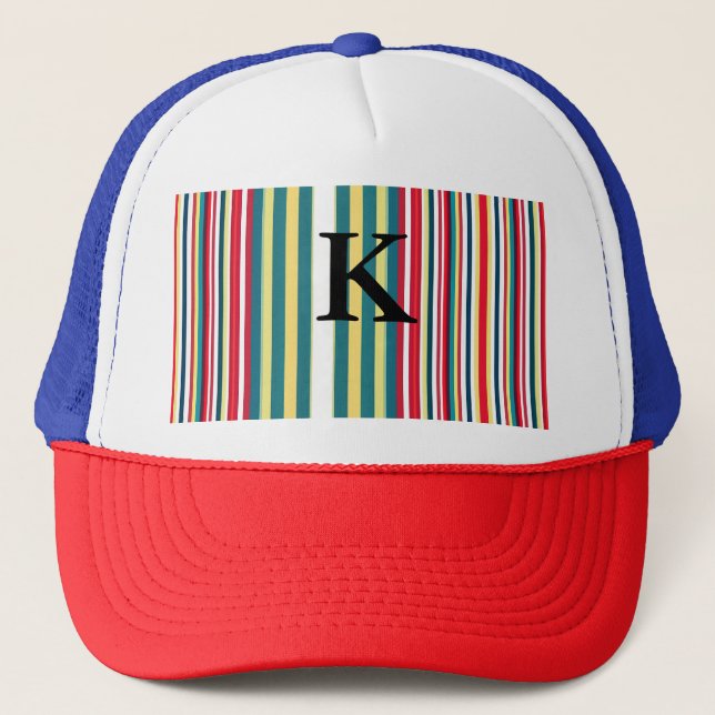 Retro stripes colourful add monogram initial lette trucker hat (Front)