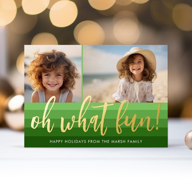 Retro Stripes - Green Oh What Fun 2 Photo Vibe (Oh What Fun! Retro stripes with a big script greeting and 2 photos for this Holiday Greeting card.)