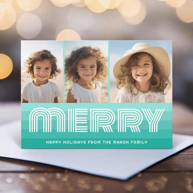 Retro Stripes in Aquamarine Blue - Merry 3 Photo Holiday Card (Retro Stripe Christmas Card with 3 Photos - Vibrant Aqua Teal - Print and Download Option)