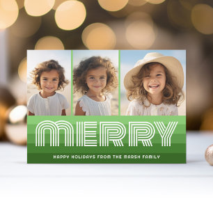 Retro Stripes in Olive Greens - Merry 3 Photo Holiday Card