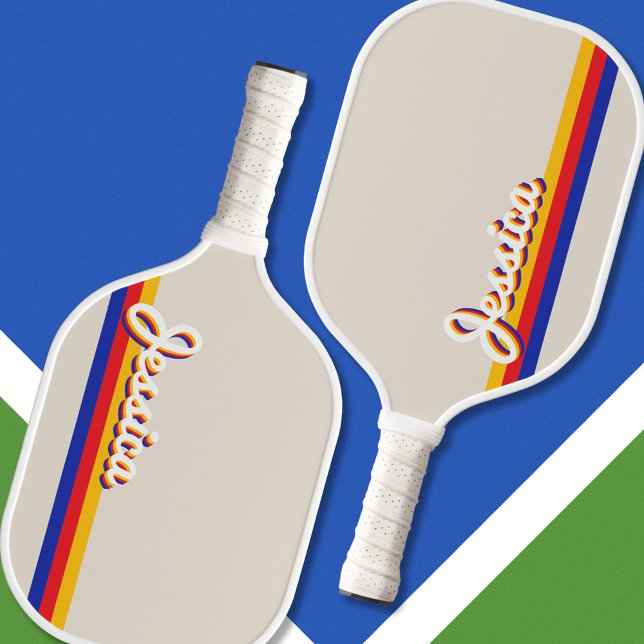 Retro Stripes Script Personalised Name Monogram Pickleball Paddle (Creator Uploaded)