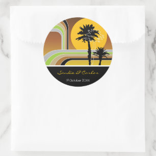 Retro Stripes Sunset Tropical Palm Trees Wedding Classic Round Sticker