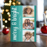 Retro Stripes - Teal - 3 Photos - merry bright Holiday Card<br><div class="desc">Shades of teal make this a funky and retro Christmas Photo Card -- something that is different and stands our from the rest - A merry and bright holiday greeting with a rustic script calligraphy greeting. You can choose three of your favourite photos to make this a very modern and...</div>