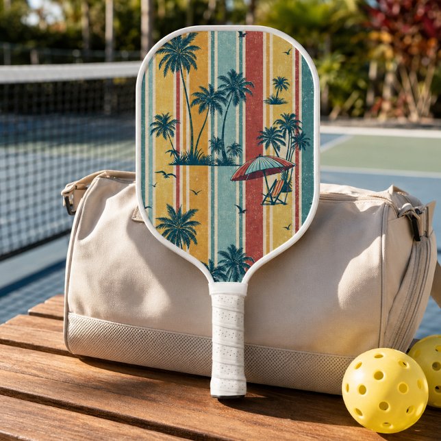 Retro Stripes Tropical Palm Trees Pickleball Paddle (Creator Uploaded)