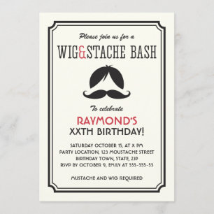 Retro stripes wig and moustache bash birthday part invitation