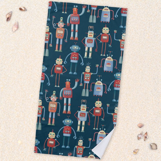 Retro Style 1950s Robots Beach Towel (Retro robots fun beach towel)