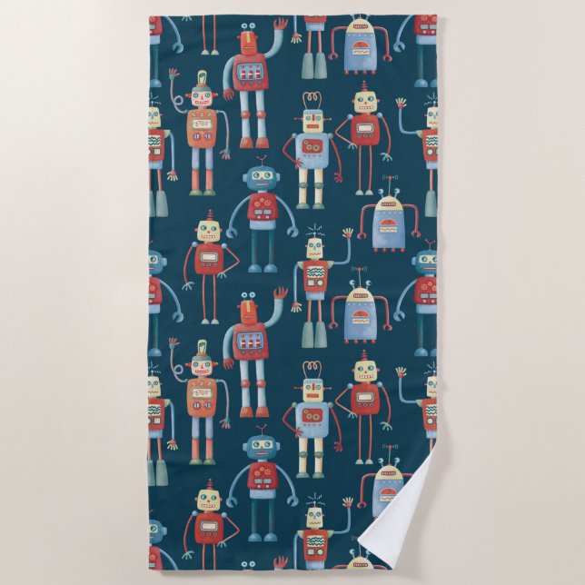 Retro Style 1950s Robots Beach Towel (Front)