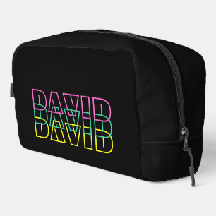 Retro style 80s neon text personalised toiletry dopp kit