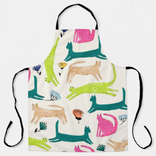 Retro style abstract flower and cat illustration s apron