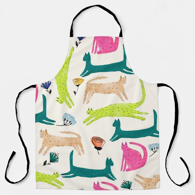 Retro style abstract flower and cat illustration s apron (Front)