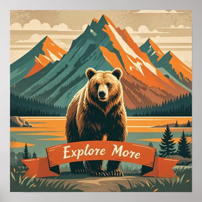 Retro-style bear cartoon and mountain range poster (Front)