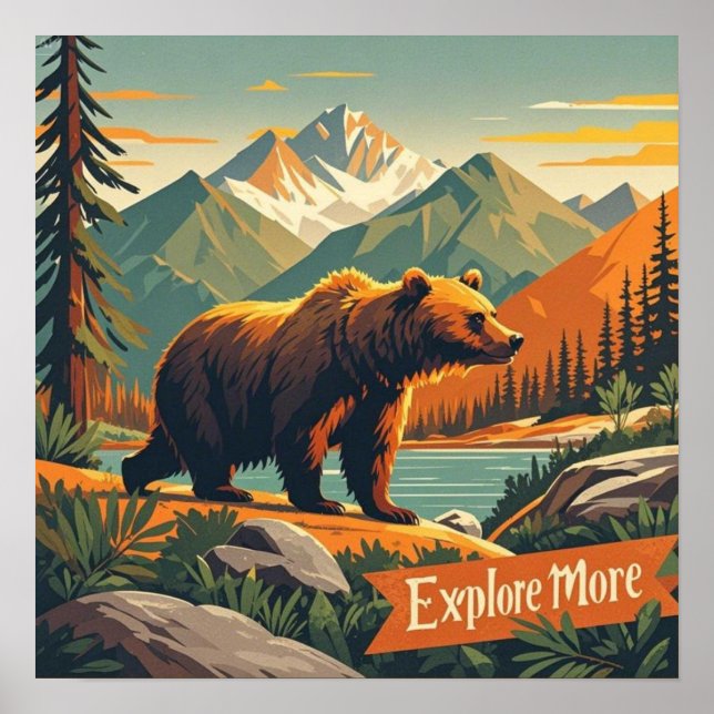 Retro-style bear cartoon and mountain range Poster (Front)