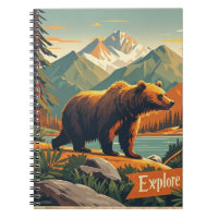 Retro-style bear cartoon and mountain range Poster