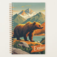 Retro-style bear cartoon and mountain range Poster