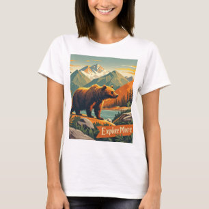 Retro-style bear cartoon and mountain range Poster T-Shirt