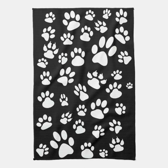 Retro-Style Black and White Scattered Paw Prints Tea Towel (Vertical)