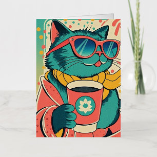 Retro-style cartoon cat wearing oversized sunglass foil greeting card
